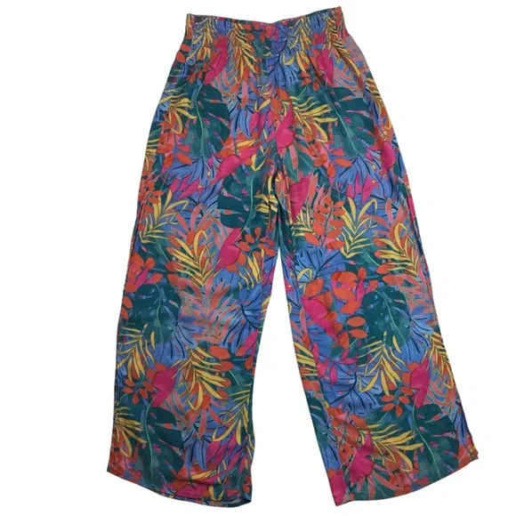 Kona Sol Tropical Floral Wide Leg Lightweight Rayon Pant Multicolor - Picture 1 of 10